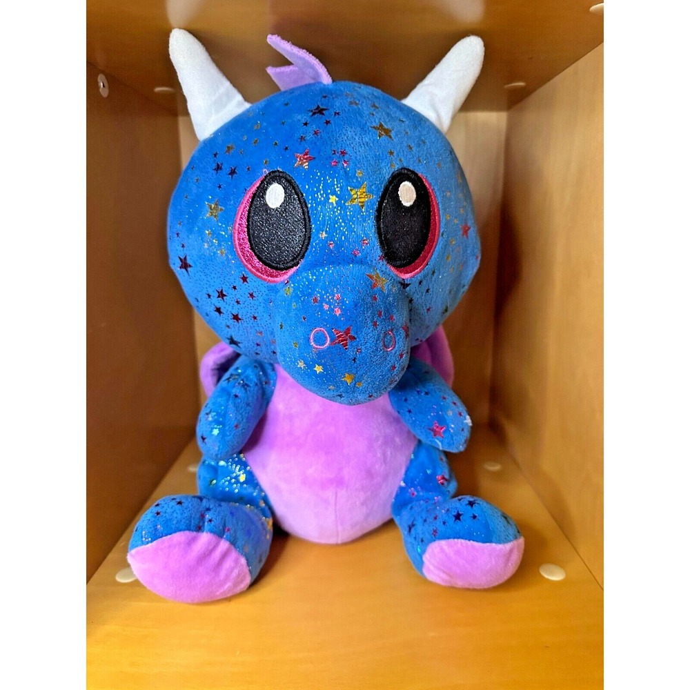 Six Flags Dragon Plush Winged Blue purple Sparkly Stars 12 inch Prize